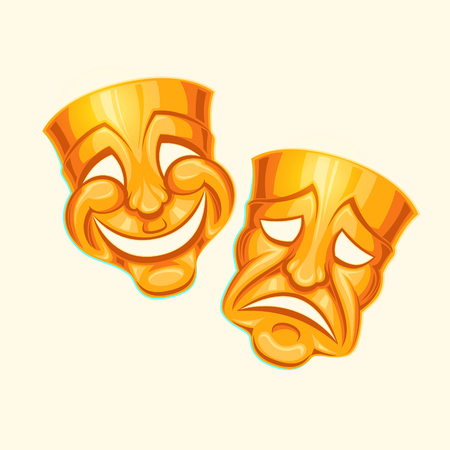 Vector illustration of a golden comic and tragic theater mask in a cartoon style.のイラスト素材