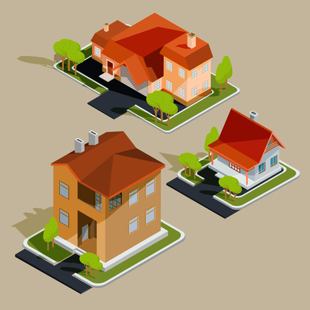 Set of vector isometric illustrations, icons of residential houses, cottages with garage, yard, green lawn for advertising brochures of real estate.のイラスト素材