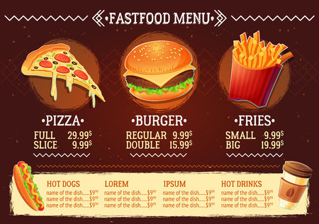 Vector cartoon illustration of a design fast food restaurant menu. Cartoon creative template, flyer, brochure.のイラスト素材