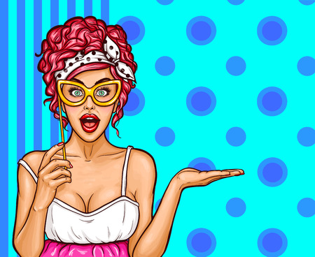 Vector pop art illustration of an excited woman with a lorgnette telling a information about a sale.のイラスト素材