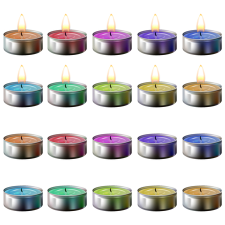 Vector illustration of a collection of various candles in a realistic style, isolated on a transparent background.のイラスト素材