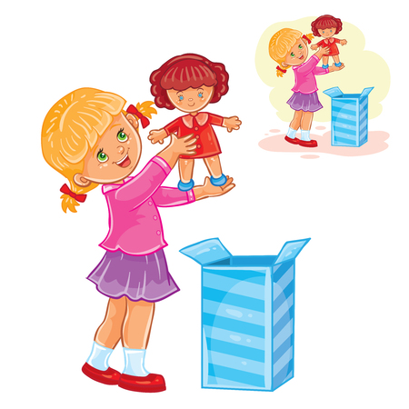 Little girl opened a gift and took out a doll from the box.のイラスト素材