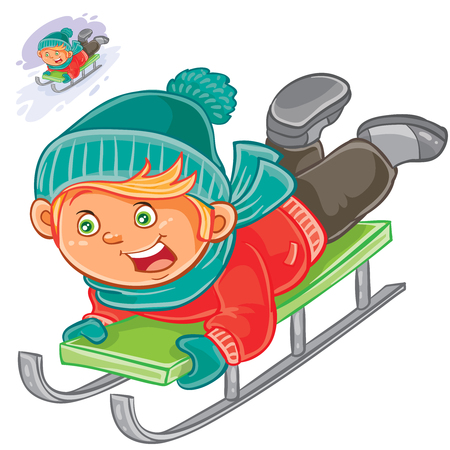 Vector winter illustration little child slides on a sledのイラスト素材