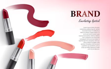 Vector illustration of a realistic style design of lipstick packing and lipstick smear samples. Excellent advertising poster for promoting of makeup premium productのイラスト素材