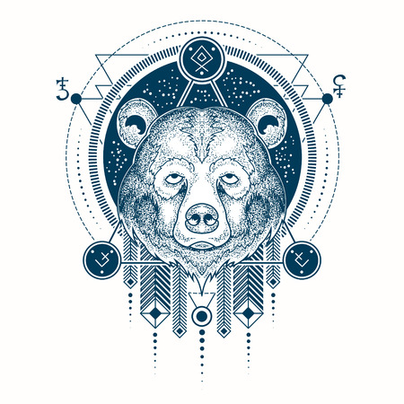 Vector illustration of a front view of a bear s head, geometric sketch of a tattoo, print. Abstract ethnic tribal pattern.のイラスト素材
