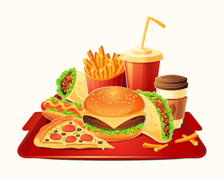 Vector cartoon illustration of a traditional set of fast food meal - hamburger, hot dog, pizza, french fries, taco, take-away coffee, cola - isolated on white. Signboards, badges, stickers, tagsのイラスト素材