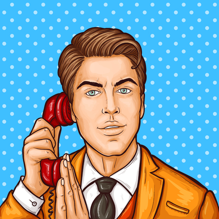 Vector pop art illustration of a businessman talking on a retro phone and covering a microphone with his hand.のイラスト素材