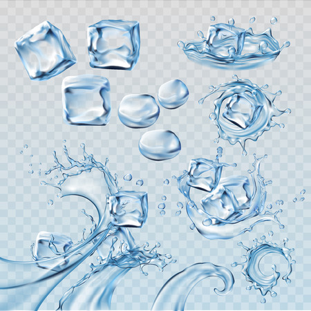 Set vector illustrations water splashes and flows, streams with cubes of melting ice. Design elementsのイラスト素材