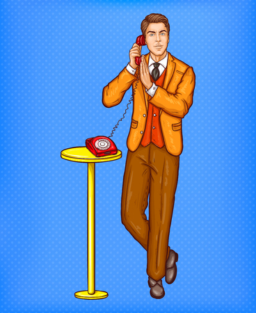 Vector pop art illustration of a man talking on a retro phone and covering a microphone with his handのイラスト素材