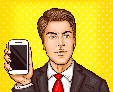 Pop art illustration of a businessman showing his a smartphone. A great advertising poster for a new mobile phone modelのイラスト素材