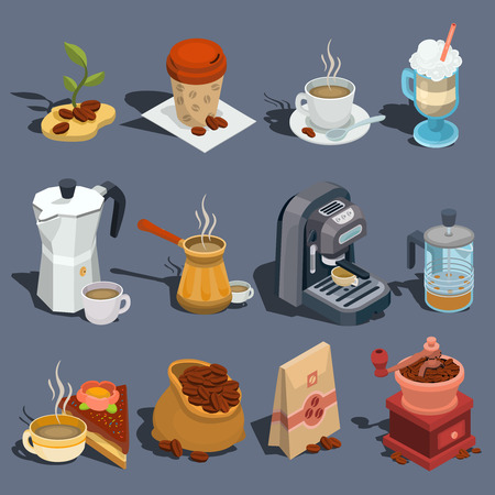 Set of vector isometric illustrations, coffee icons, stickers, prints, design elementsのイラスト素材