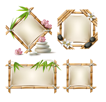 Set of vector illustrations of bamboo frames of various shapes with paper in realistic style isolated on whiteのイラスト素材