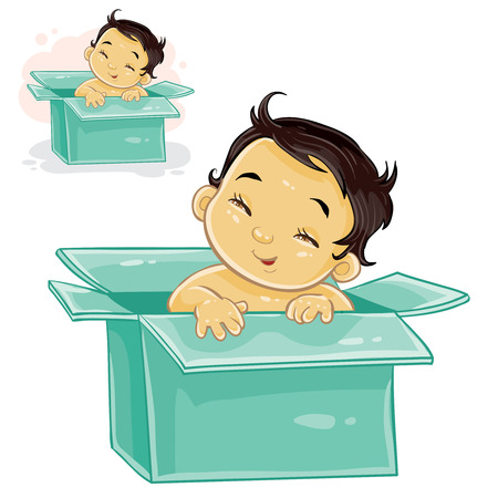 Vector illustration of little baby with yellow skin sitting in box. The appearance of the long-awaited childのイラスト素材