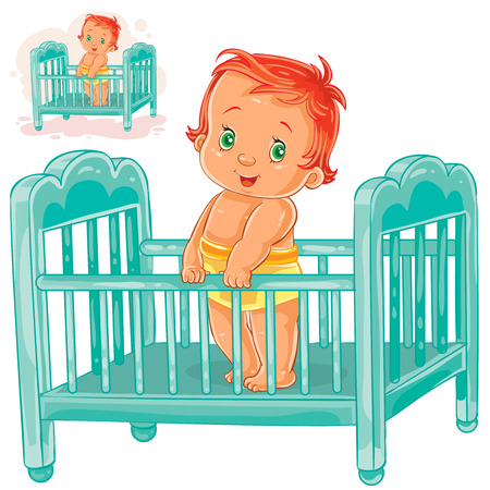 Vector illustration baby is in his cot. Print, template, design elementのイラスト素材
