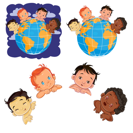 Vector illustration of young children of with different skin color located around the globe. A symbol of peaceのイラスト素材