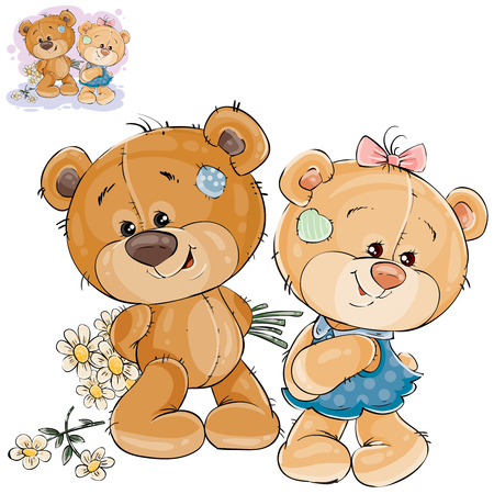 Vector illustration of a teddy bear hides behind back a bouquet of flowers and does not dare to give them to her girlfriend. Template for greeting card with Valentines dayのイラスト素材