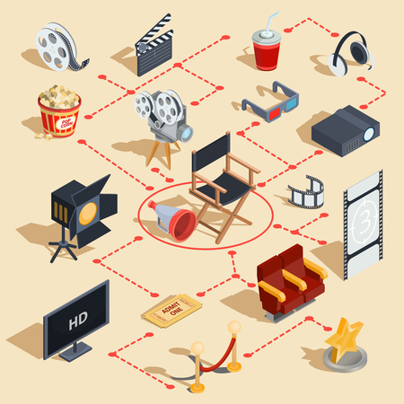 Vector set of isometric illustrations making movies and watching a movie in the cinema. Design elementsのイラスト素材