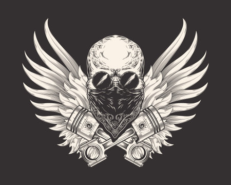 Vector illustration of a skull racer in sunglasses, bandanna and with pistons. Sketch of a tattoo, emblem, element of a dizan, print for a T-shirtのイラスト素材