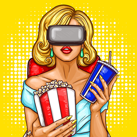 Vector pop art illustration of a beautiful blond woman sitting in the auditorium and watching movie with virtual reality glasses.のイラスト素材