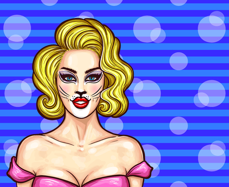 Vector pop art illustration of a beautiful blonde woman with cat make-upのイラスト素材