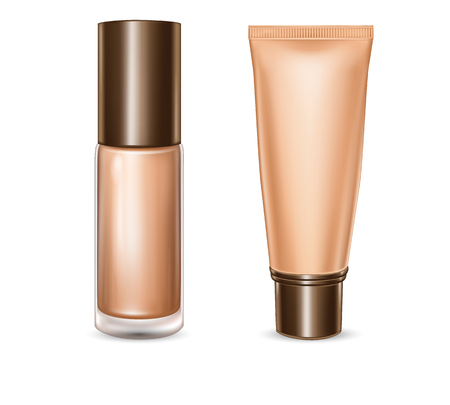 Vector 3d illustration of package design for tonal basis, tube and bottle with foundation cream in realistic style isolated on whiteのイラスト素材