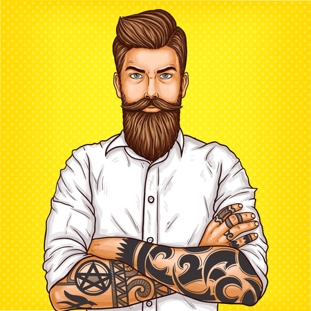Vector pop art illustration of a brutal bearded man, macho with tatoo folded his arms over his chestの写真素材