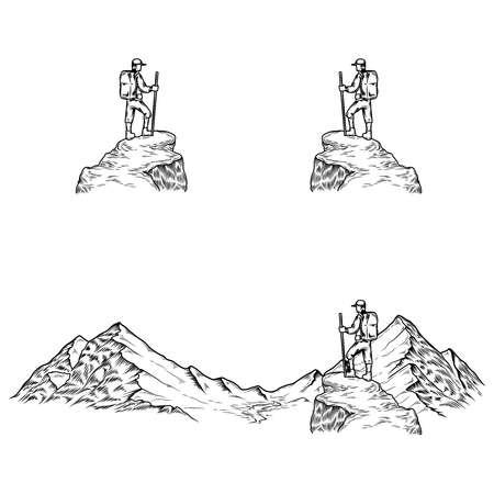 Set of hand drawn vector illustrations the mountains with a tourist in engraving styleの写真素材