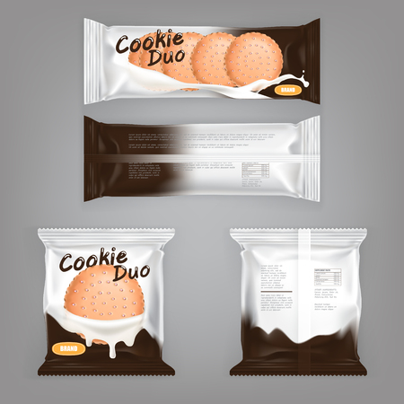 Vector illustration of a package design with milk-stains for a sandwich cookie. A pack of foil with delicious cookie filled with milk chocolateのイラスト素材