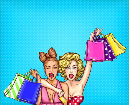 Vector pop art illustration of two young glamorous enthusiastic girls show shopping bags with their purchases. Poster for the advertising discounts and salesのイラスト素材