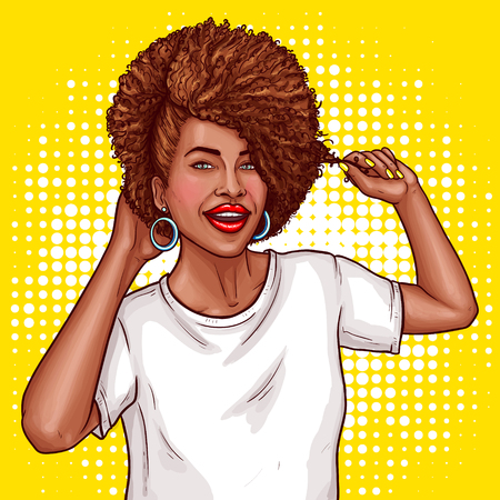 Vector pop art illustration of a black woman with curly afro hair touches it. Pop art poster for the advertising for hair salon with a beautiful black womanのイラスト素材