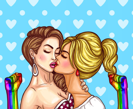 Vector pop art illustration of a lesbian couple kissing and showing their arms painted in rainbow colors. Rights of LGBT peopleのイラスト素材