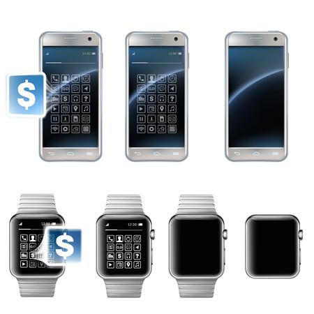 Vector Illustration in a realistic style the concept of mobile payments using the application on your smartphone. Illustration of the smartphone, wrist watch and bank cards on whiteのイラスト素材