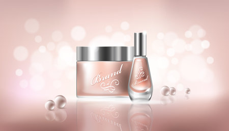 Vector poster in realistic style with transparent glass cosmetic containers for lotion, hand cream and cuticle remover, nail polish on a light beige background with pearlsのイラスト素材