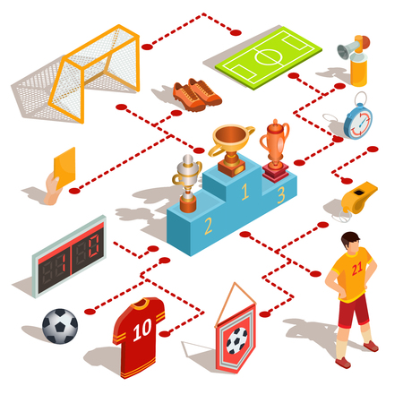 Set of isometric soccer icons - soccer field, ball, whistle, soccer goal, football player, referee hand with yellow card, scoreboard and pedestal winners with prize-winning cupsのイラスト素材