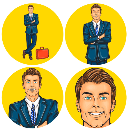 Vector illustration, mens pop art round avatar icon for users of social networking, blogs. Confident man in a suit with his arms crossed over his chest and briefcaseのイラスト素材