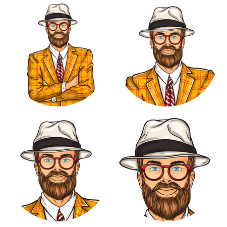 Illustration, mens pop art round avatar icon for users of social networking, blogs. Confident hipster man in hat and glasses with his arms crossed over his chestのイラスト素材