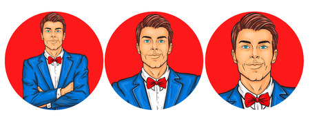 Vector illustration, mens pop art round avatar icon for users of social networking, blogs. Confident man in a suit with his arms crossed over his chestのイラスト素材