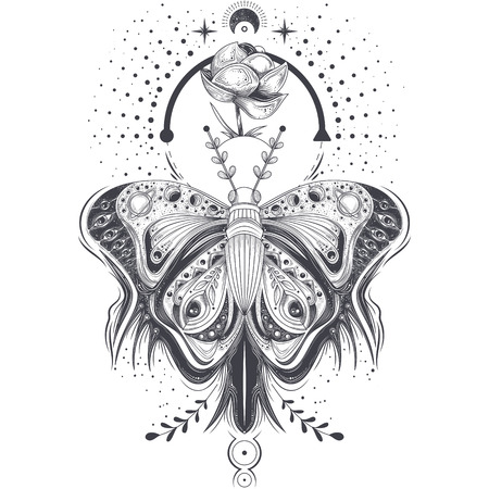 Vector illustration of a sketch, tattoo art butterfly in abstract style with a space pattern, mystical, astrological symbol. Print, template, design elementのイラスト素材