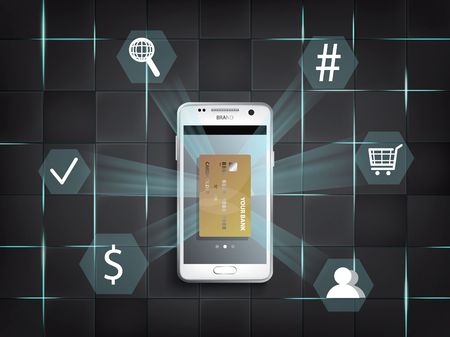 illustration in a realistic style the concept of mobile payments using the application on your smartphone. Illustration of the smartphone with bank cards on an abstract background.の写真素材