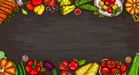 Cartoon illustration of various vegetables on a wooden background, top view with copy space.のイラスト素材