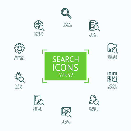 Set of vector illustrations fine line icons, concept of analysis, search of information, data.のイラスト素材