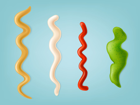 Set of vector illustrations, color icons of spilled strips of different sauces. Print, template, design elementのイラスト素材