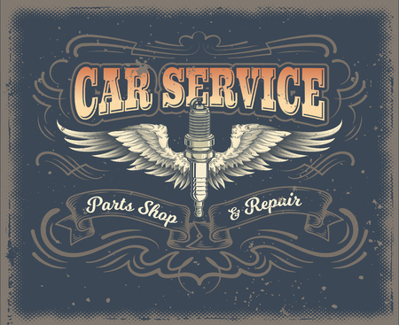 Vector vintage illustration, retro poster with winged glow plug in engraving style. Template, design element for advertising car service center, spare parts shop and repair shopのイラスト素材