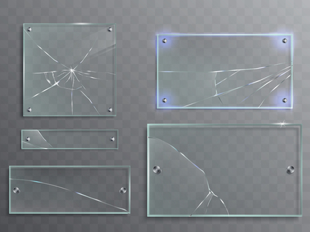Vector illustration set of transparent glass plates with cracks, cracked panels with metal accessories isolated on translucent backgroundのイラスト素材