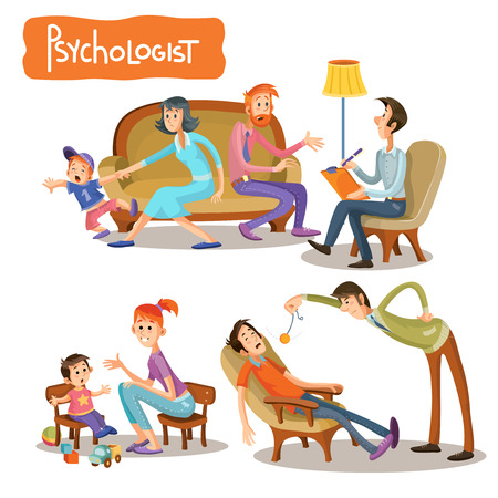 Vector cartoon illustrations the patient is talking with psychotherapist, consultation of psychologist. Depression businessman, teenage problems, alcohol and drug addiction, ADHD and autismのイラスト素材