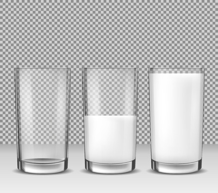 Set of vector realistic illustrations, isolated icons, glass glasses empty, half full and full of milk, dairy product, yogurt, kefir, protein cocktail. Print, template, design elementのイラスト素材
