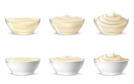 Set vector illustration of mayonnaise, sour cream, sauce, sweet cream, yogurt, cosmetic cream for face and body, swirling in a transparent and white bowl, in realistic style, isolated. Print, templateのイラスト素材