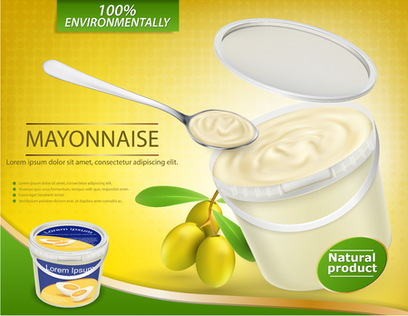 Vector 3D illustration, realistic poster with a plastic pail filled with olive mayonnaise and a nearby twig with olives. Template, mock up for advertising and promotion of new mayonnaise, sauceのイラスト素材