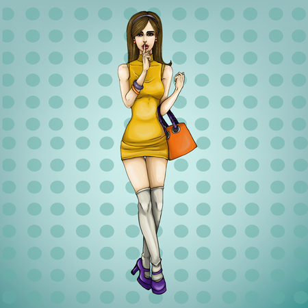 Vector pop art illustration of a young girl holding her finger on her lips and asking for silence, quiet, do not tell anyone. Excellent advertising poster for advertising discounts and salesのイラスト素材