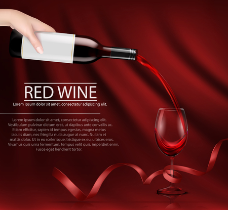 Vector illustration, bright realistic poster with a hand holding a glass wine bottle and pouring red wine into a glass. Template, moc up, layout for advertising, design, branding.のイラスト素材